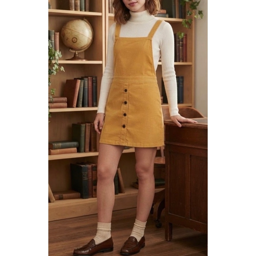 Allegra K Yellow Gold Corduroy Jumper Dress Button Front Pinafore Large